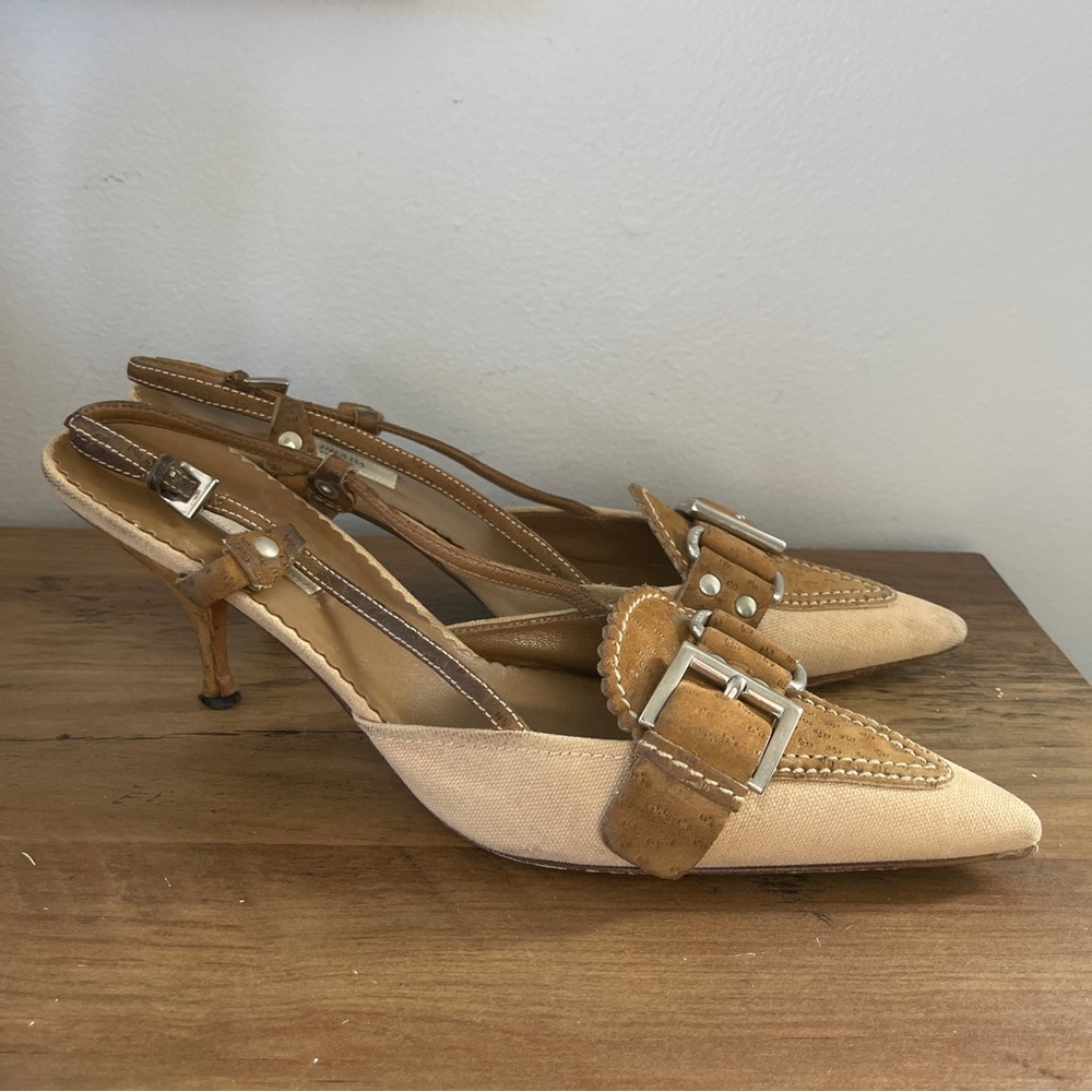 Prada Canvas & Suede Buckle Slingback Mules Heel Pumps shoes size 37.5 - Picture 2 of 11